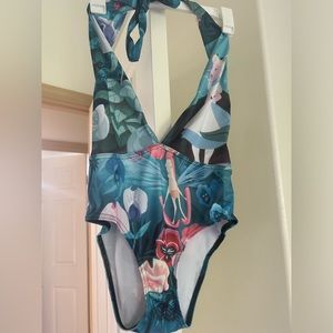 Black milk sold out Alice and Wonderland deep plunge neck one piece swimsuit